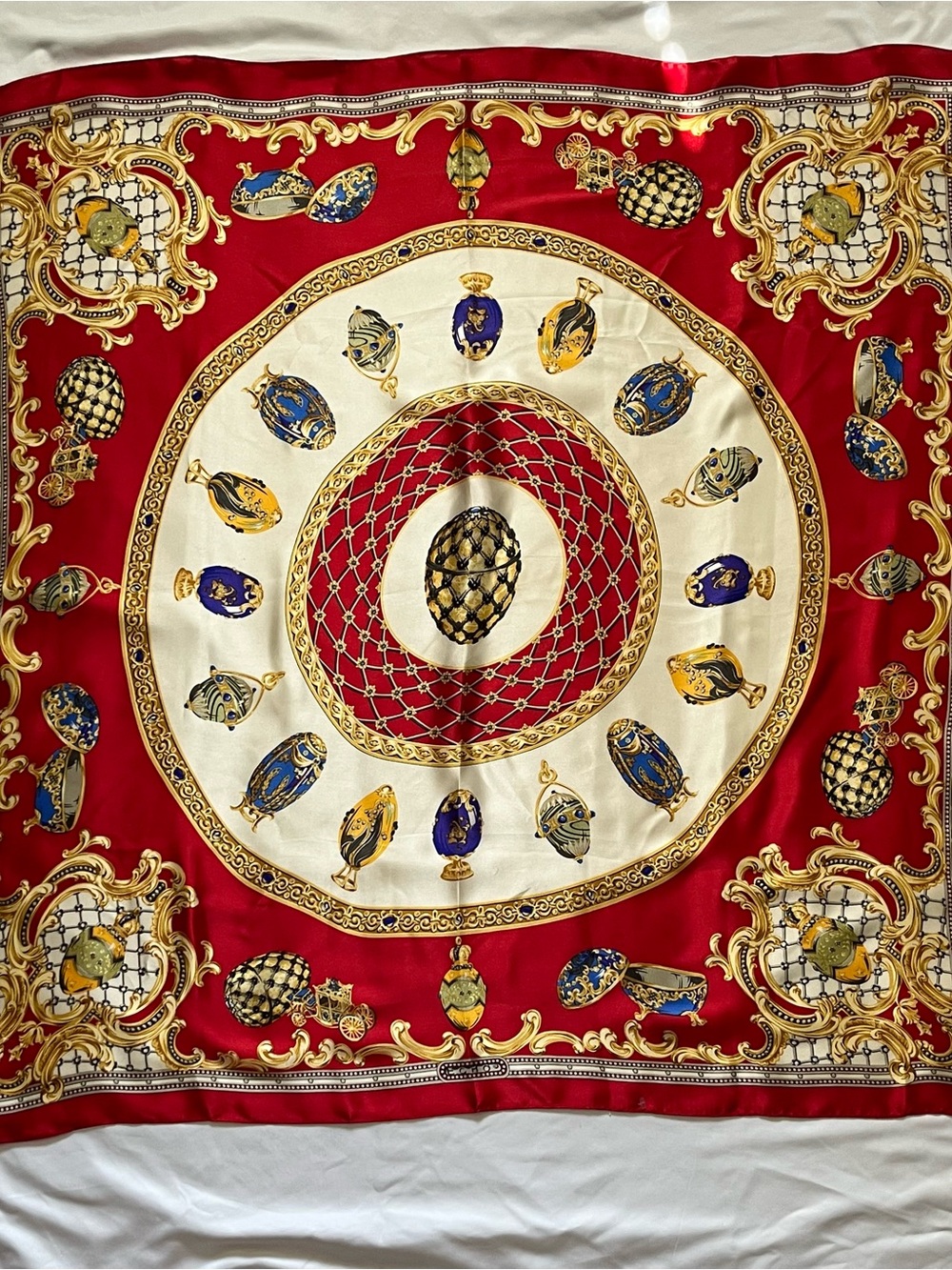 Vtg Metropolitan museum of Art Silk Scarf Faberge eggs Red 34x34